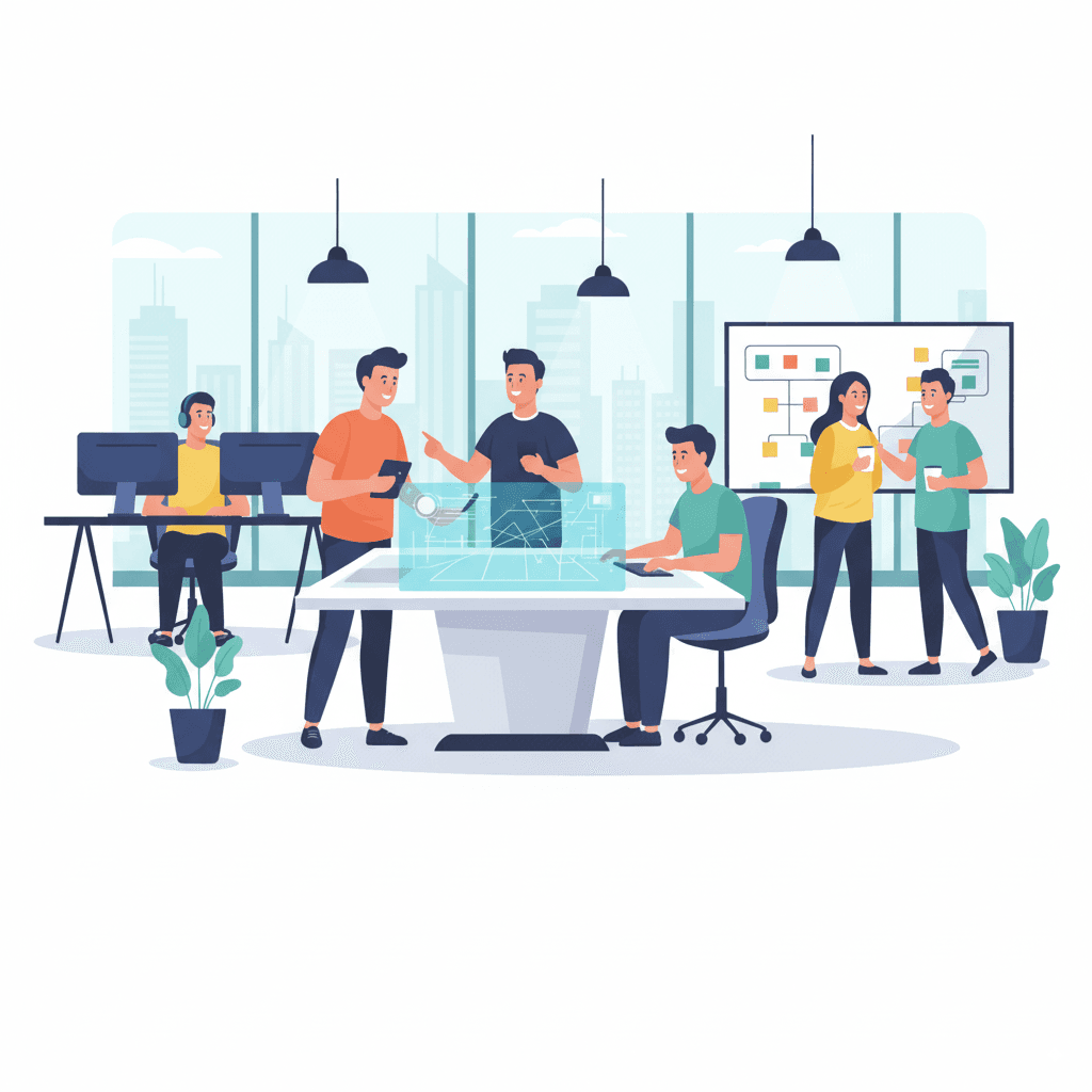 A collaborative team working in a modern office